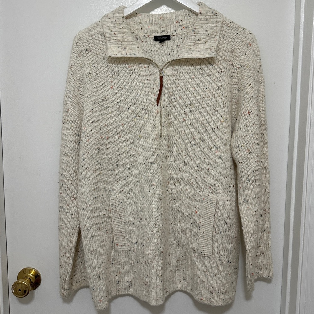 Talbots Half Zip Mockneck Pullover Speckled Off White Quarter Zip with Pocket